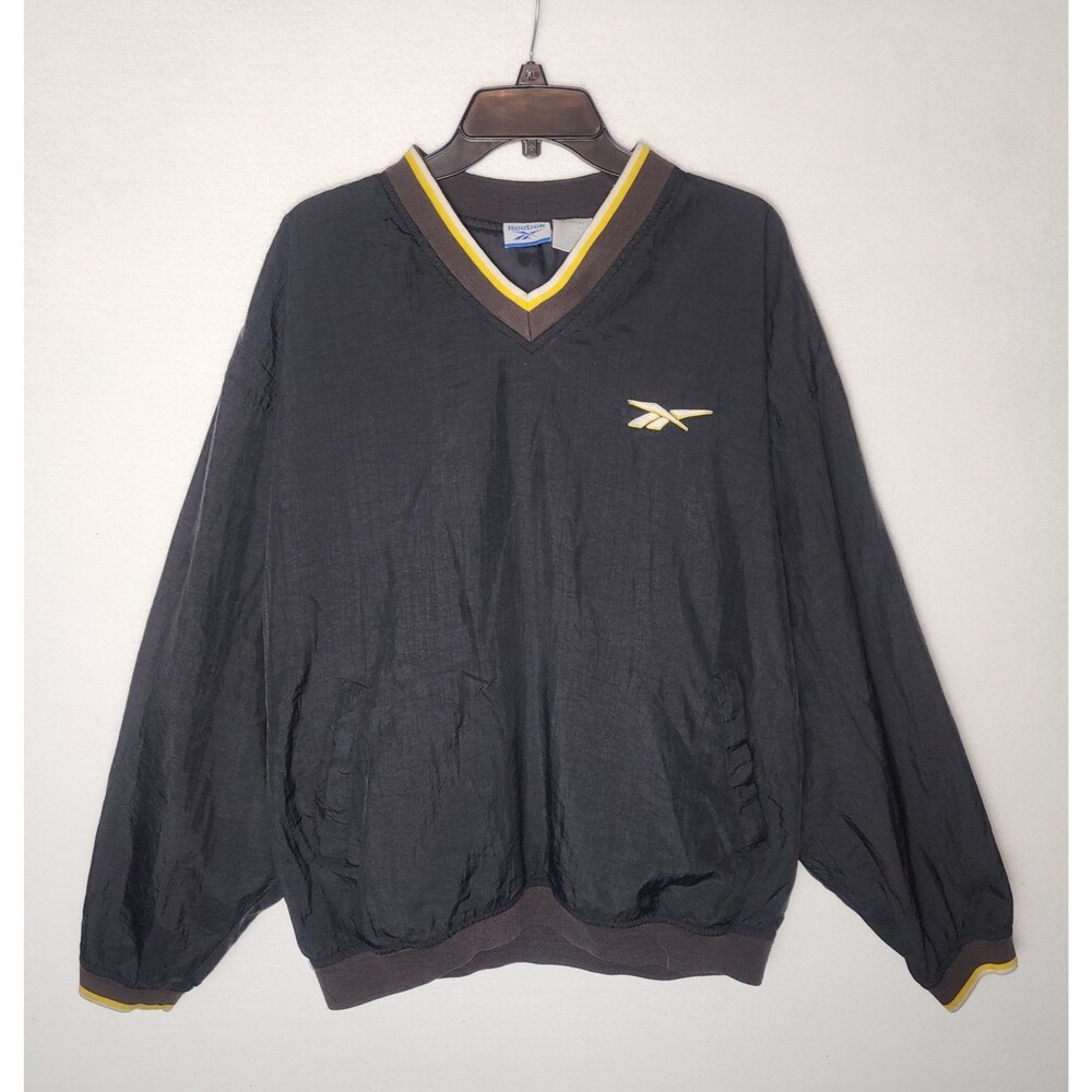 VTG 90s Reebok Nylon V Neck Pullover Windbreaker Black & Yellow Mens Large